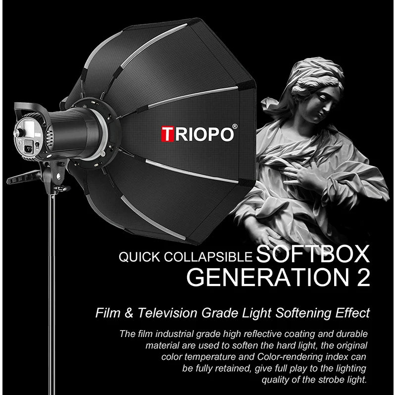 TRIOPO K90 – Softbox com Grelha e Montagem Bowens para luz contínua e Flash TRIOPO K90 – Softbox com Grelha e Montagem Bowens para luz contínua e Flash